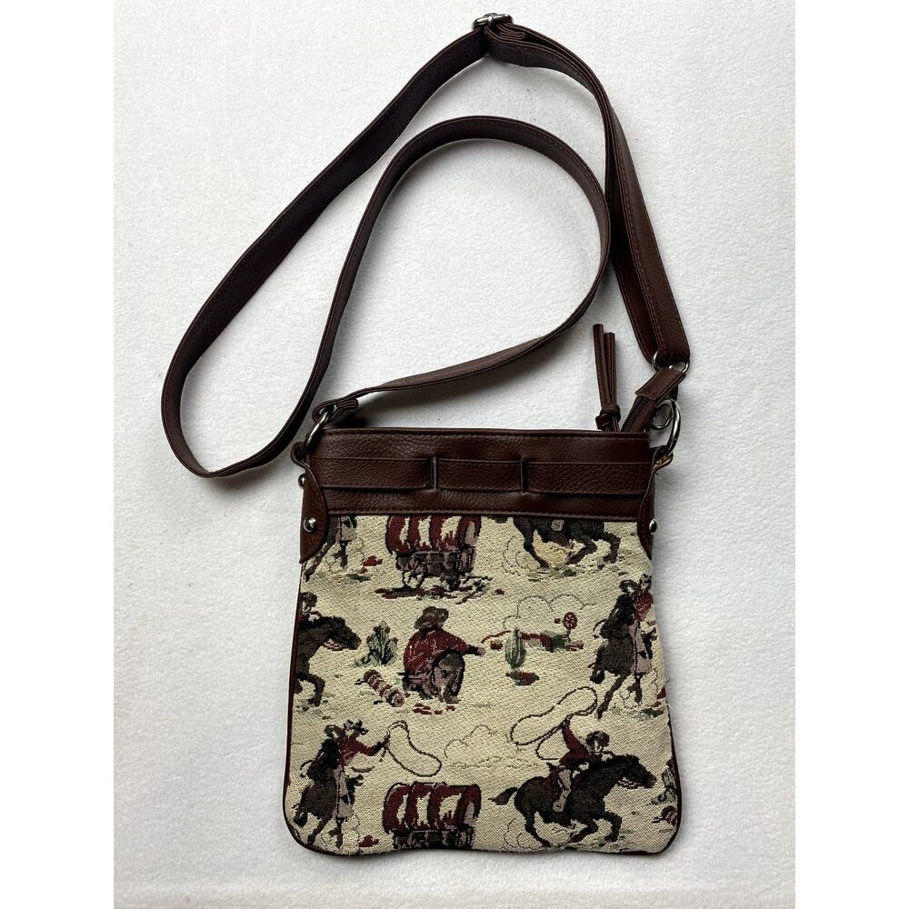 Western Cowboy Print Canvas Crossbody Bag Horse Saddles Leather Trim
